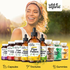 Wild & Organic alcohol-free tincture emphasizes gentle digestion and plant-based support.