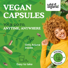 Wild & Organic Arjuna Bark Capsules cap close-up showing smooth, easy-to-swallow design for daily use.