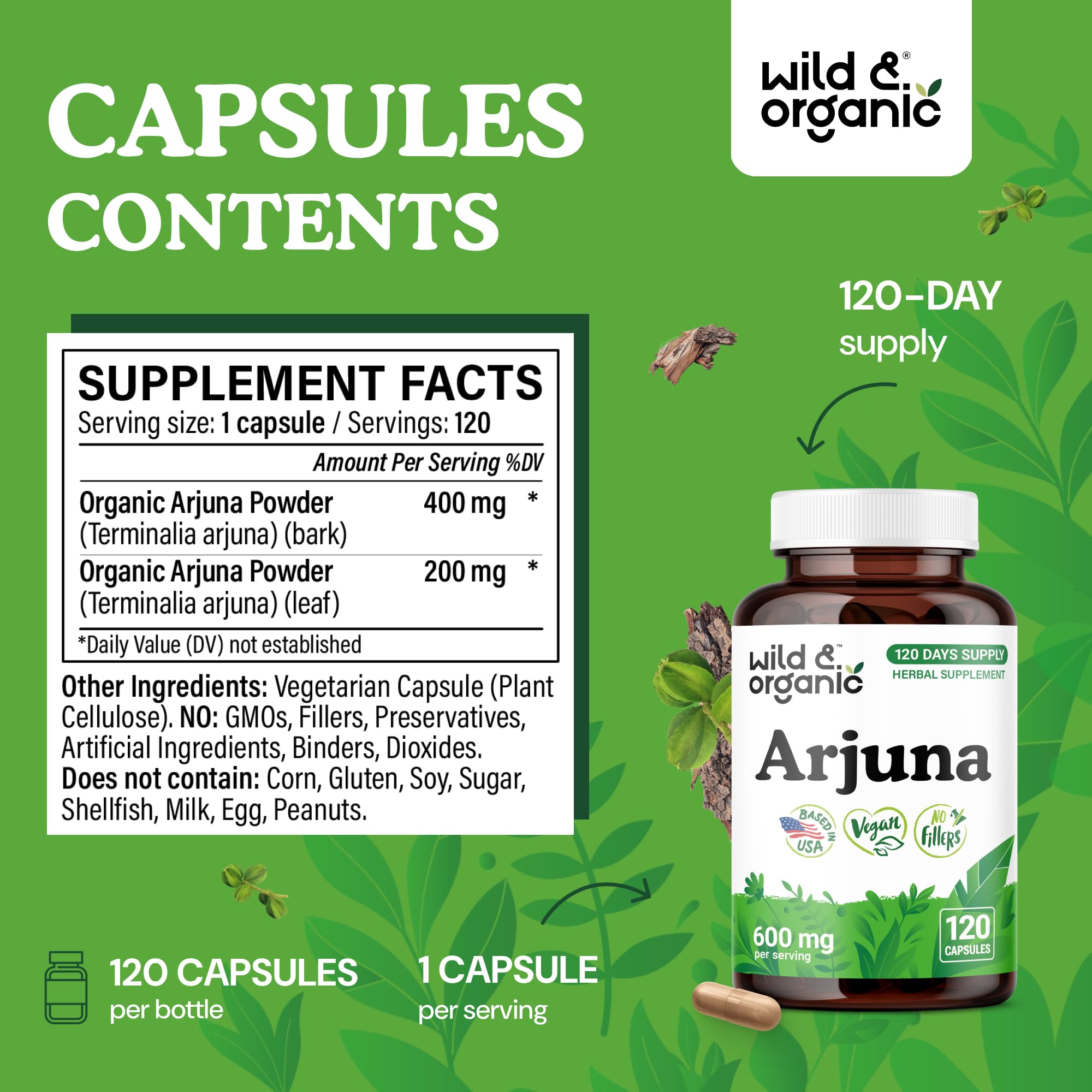 Arjuna bark capsules with leaf extract visuals indicating plant-based support