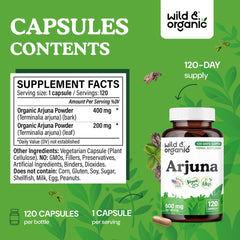 Arjuna bark capsules with leaf extract visuals indicating plant-based support