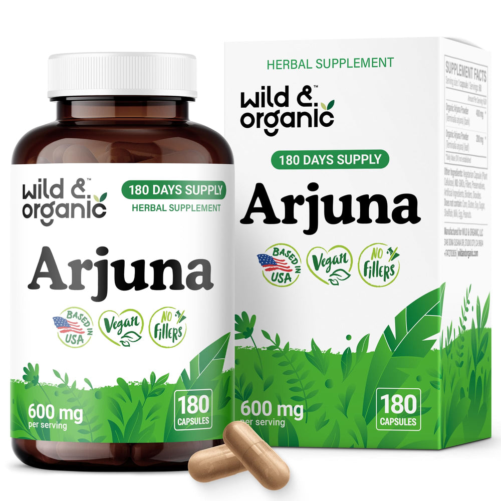 Wild & Organic Arjuna Bark Capsules packshot showing 180 capsules for a six-month supply.