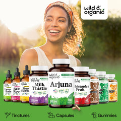 Wild & Organic Arjuna Bark Capsules shown with glass of water for easy daily use.