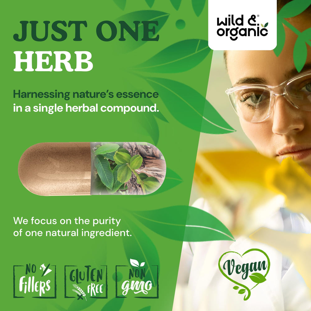 Wild & Organic Arjuna Bark Capsules packaging highlights bark and leaf extract for daily vitality.