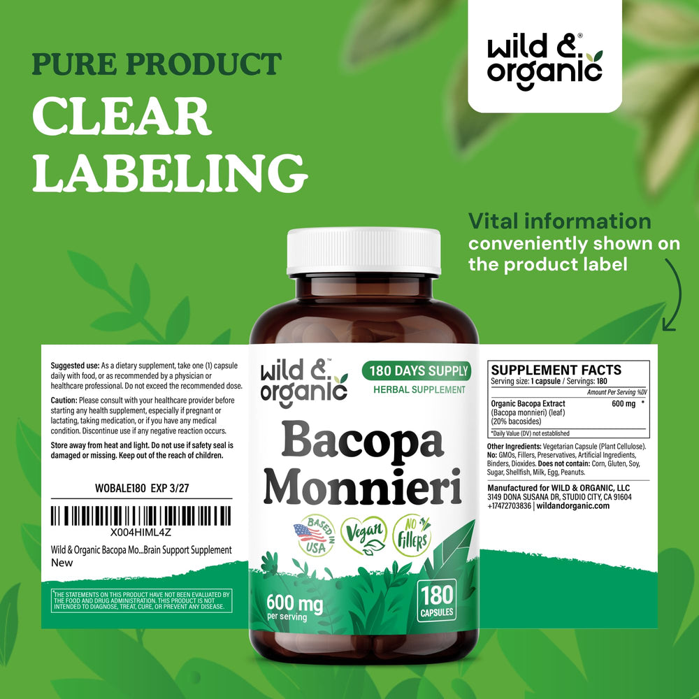 180-count Wild & Organic Bacopa Monnieri bottle for long-term supply