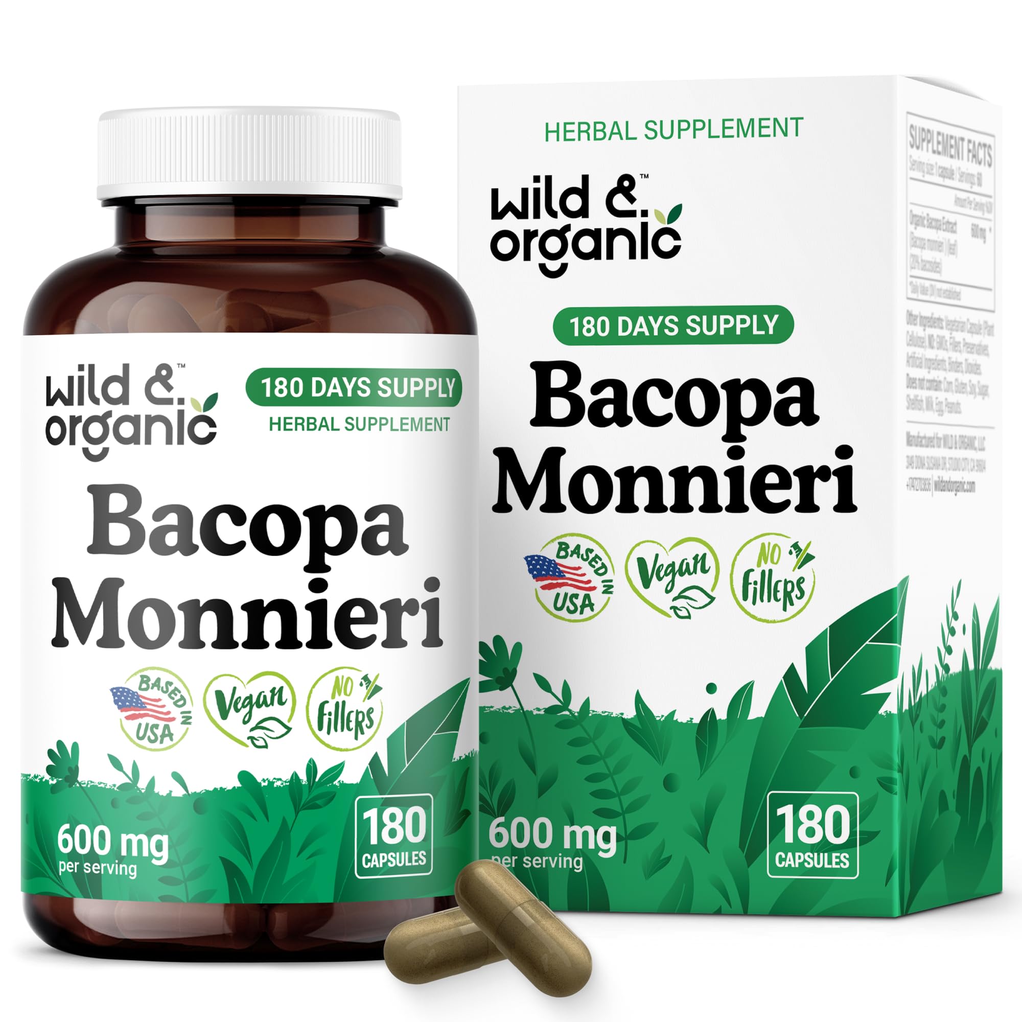 Wild & Organic Bacopa Monnieri bottle front displaying 600 mg capsules for brain support