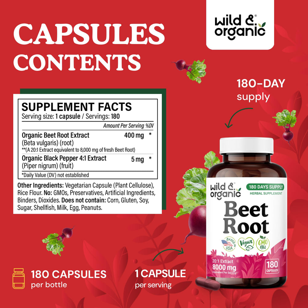 Wild & Organic Beet Root Extract label emphasizes a high-extract strength.