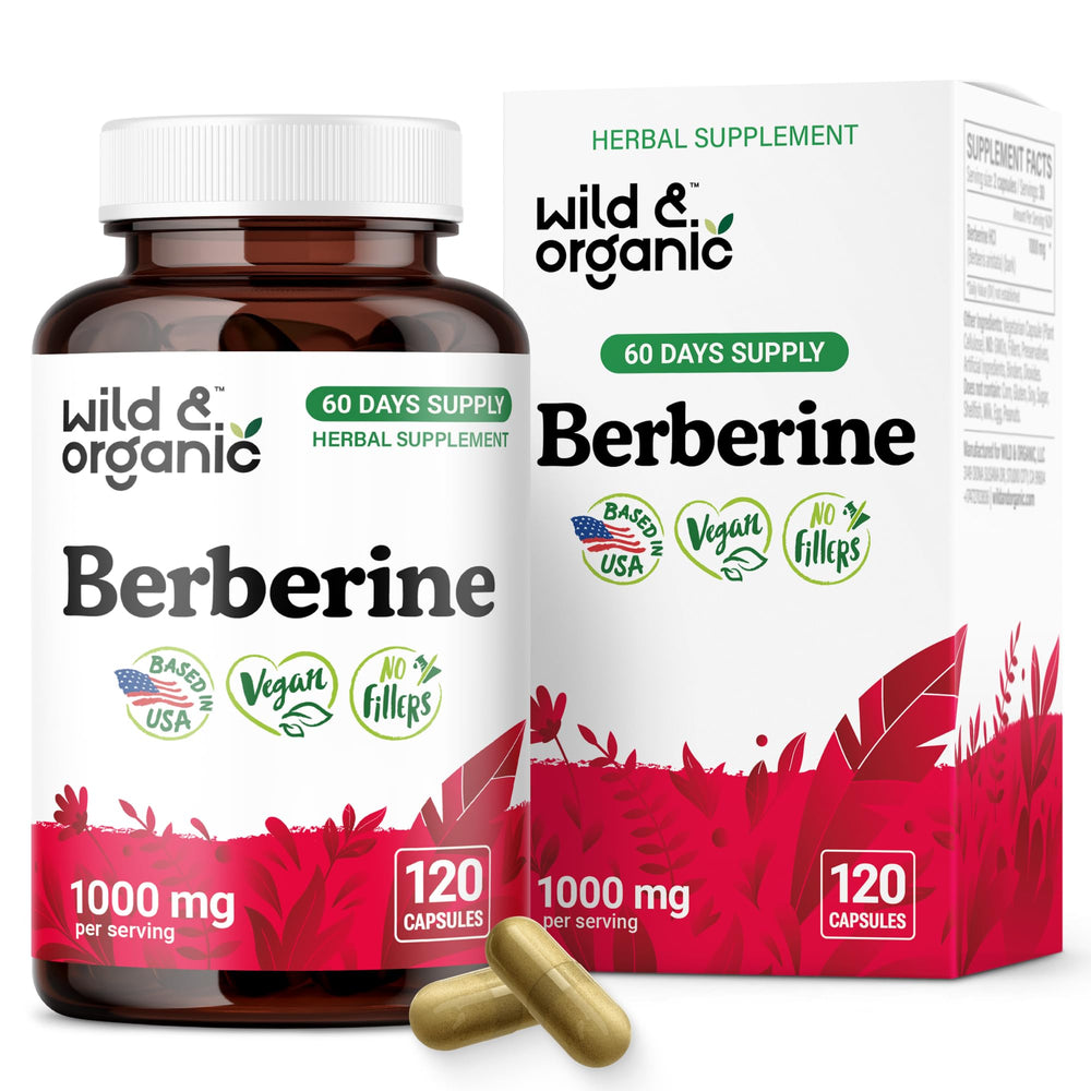 Wild & Organic berberine capsules bottle shown for antioxidant support and daily wellness