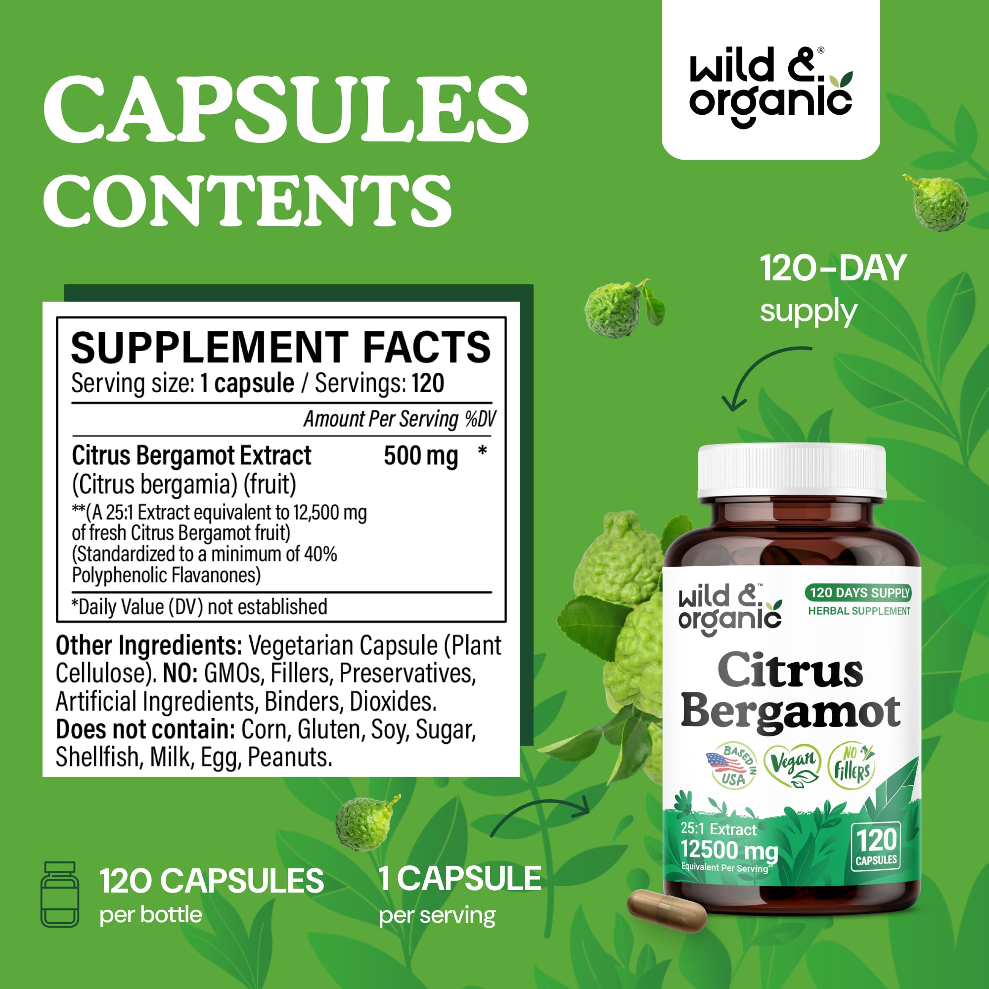 Wild & Organic bergamot extract label detail emphasizing non-GMO, filler-free formula