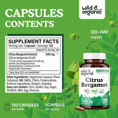 Wild & Organic bergamot extract label detail emphasizing non-GMO, filler-free formula