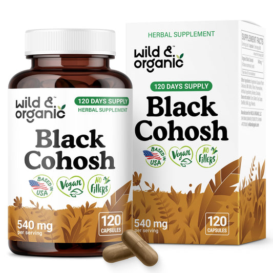 Wild & Organic Black Cohosh 540 mg capsules bottle front for convenient menopause support.