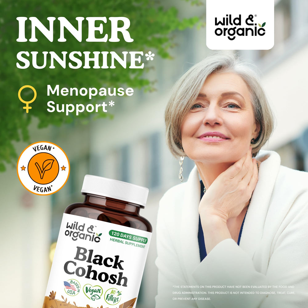 Wild & Organic Black Cohosh 540 mg capsules closeup highlights easy-to-swallow capsules.
