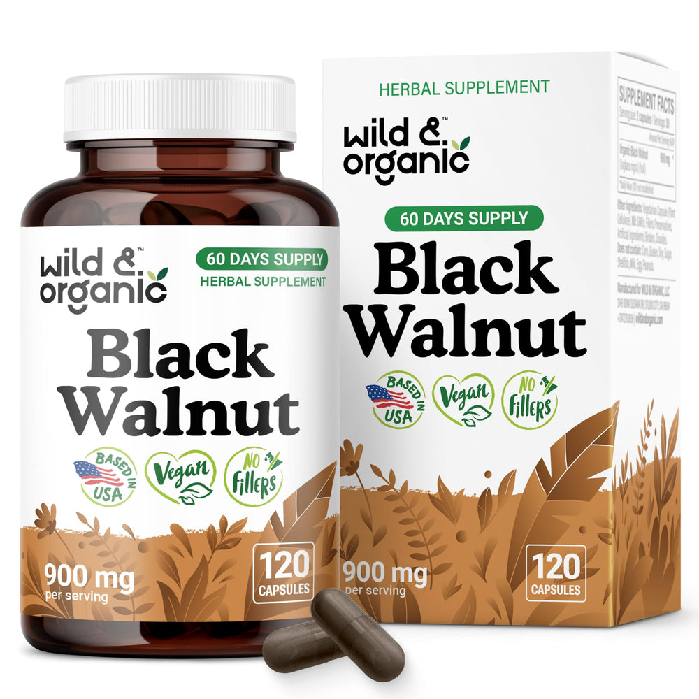Wild & Organic Black Walnut Hull Capsules bottle front view, promoting natural detox support.