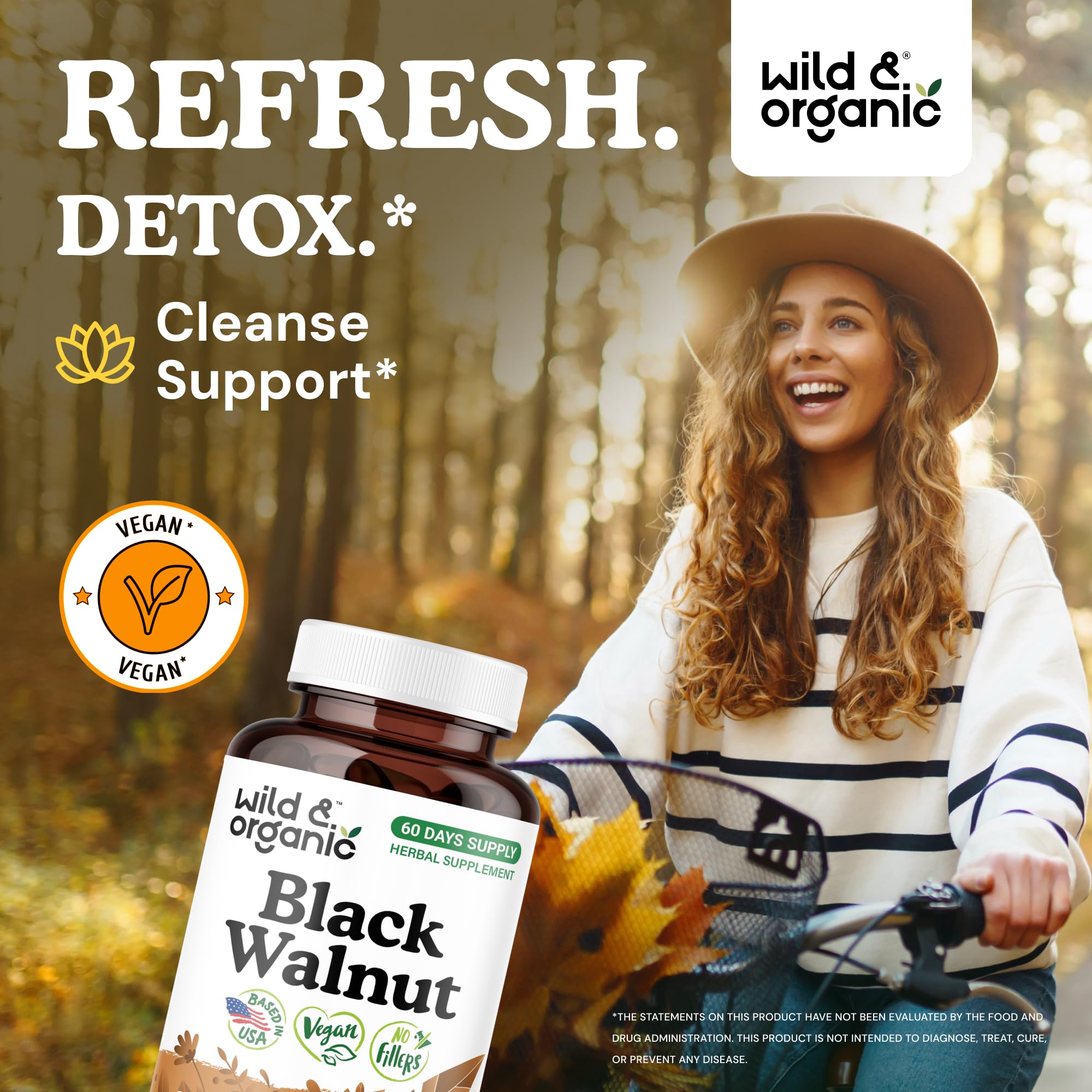 Wild & Organic Black Walnut Hull Capsules side label close-up, vegan, non-GMO formula.
