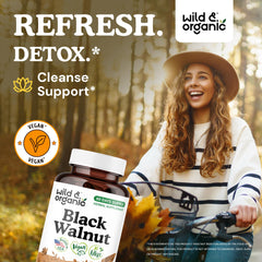 Wild & Organic Black Walnut Hull Capsules side label close-up, vegan, non-GMO formula.