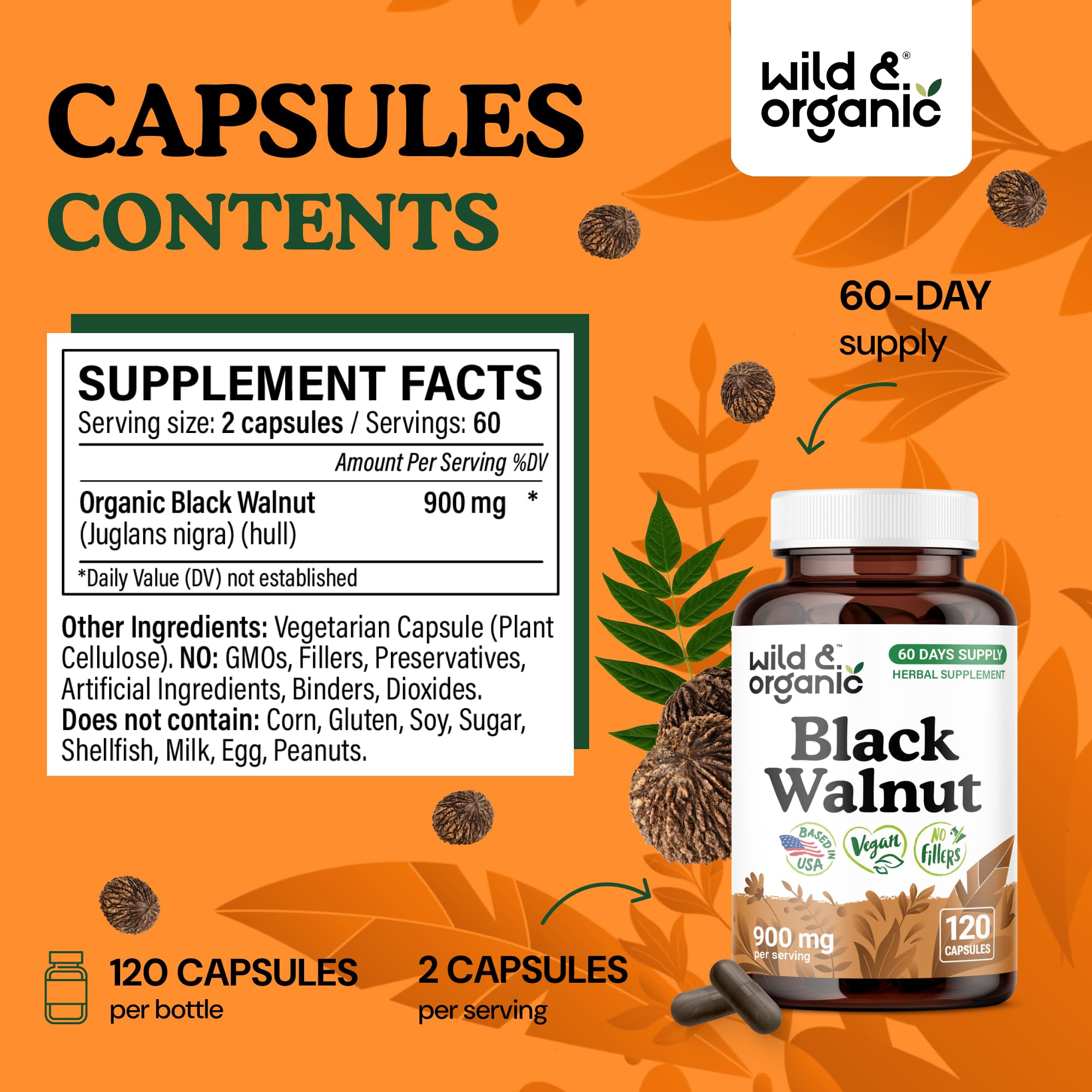 Wild & Organic Black Walnut Hull Capsules capsules inside bottle, easy daily use.