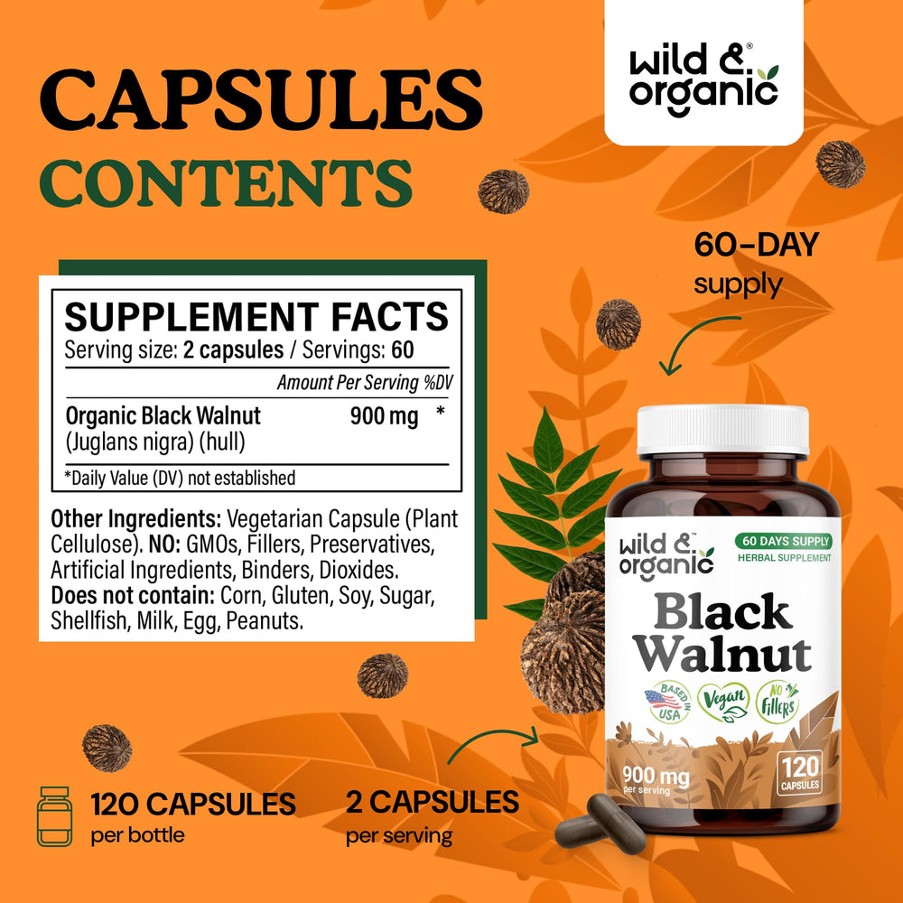 Wild & Organic Black Walnut Hull Capsules capsules inside bottle, easy daily use.