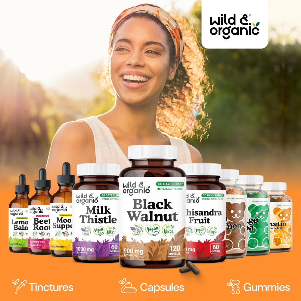 Wild & Organic Black Walnut Hull Capsules bottle on kitchen counter for daily wellness.