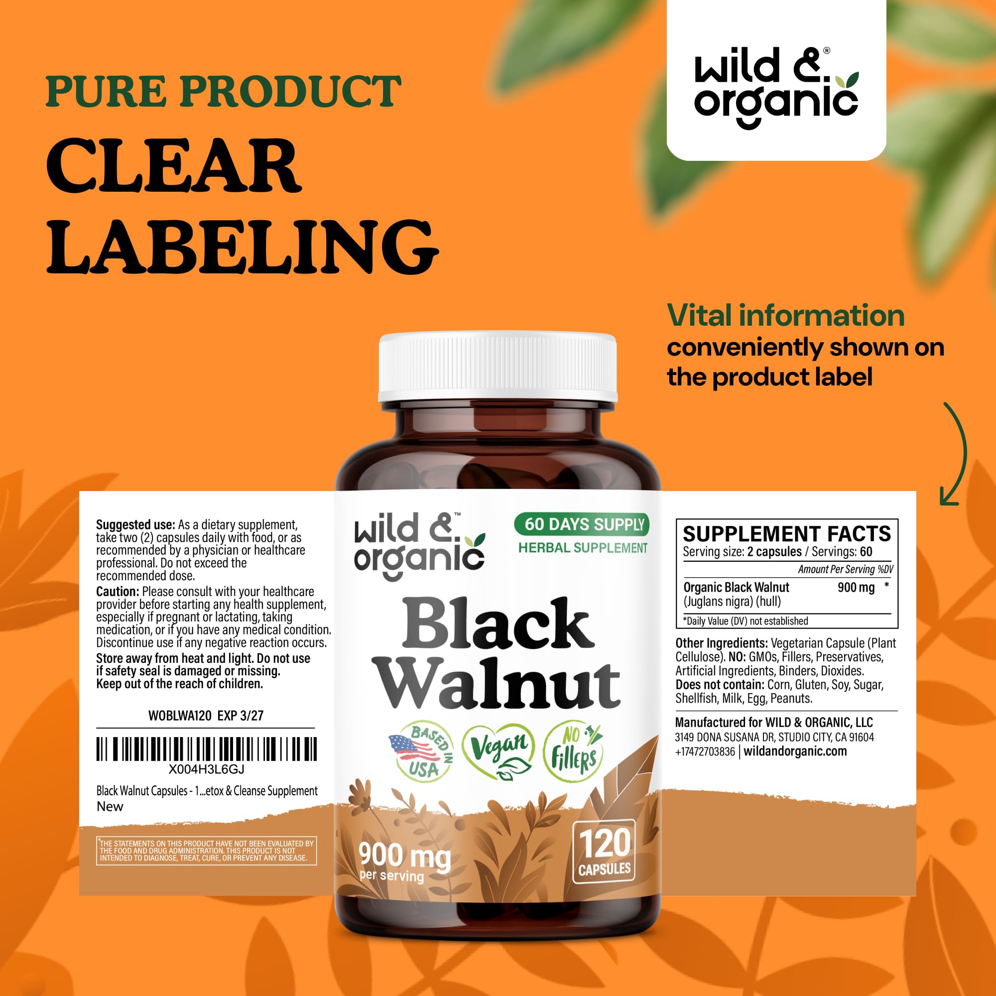 Wild & Organic Black Walnut Hull Capsules product shot with plant-based branding.