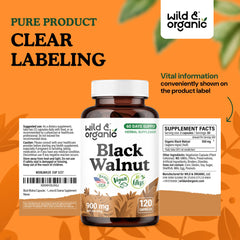 Wild & Organic Black Walnut Hull Capsules product shot with plant-based branding.