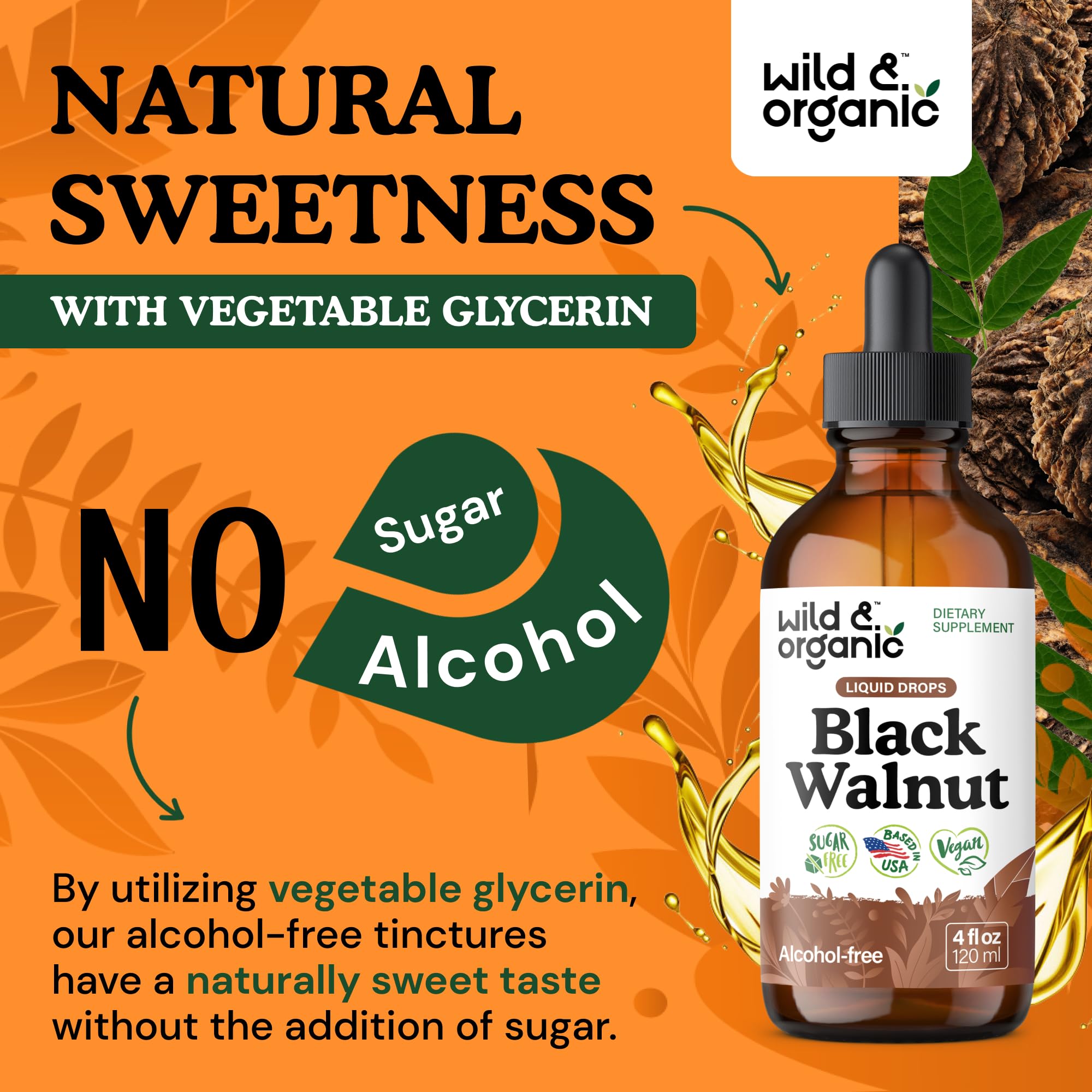Wild & Organic Black Walnut Hull ingredients graphic emphasizing plant-based formulation.