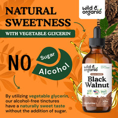 Wild & Organic Black Walnut Hull ingredients graphic emphasizing plant-based formulation.