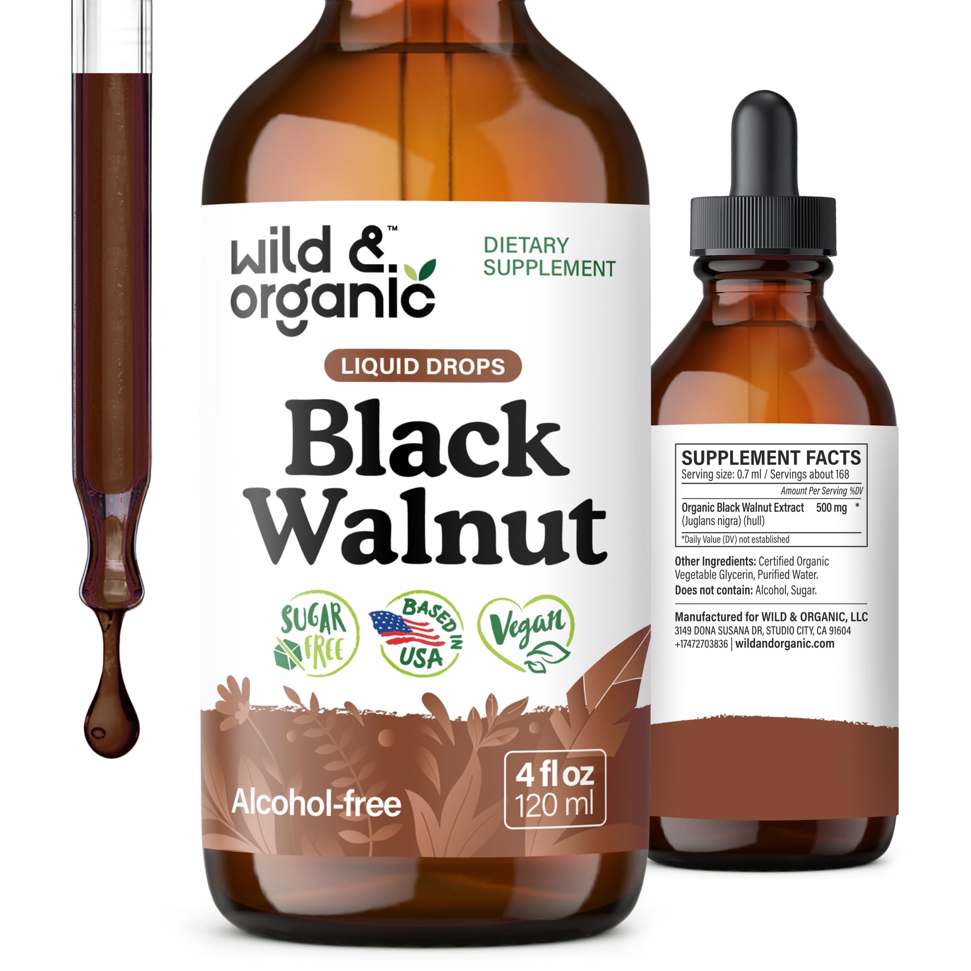 Wild & Organic Black Walnut Tincture bottle with dropper for easy daily dosing.