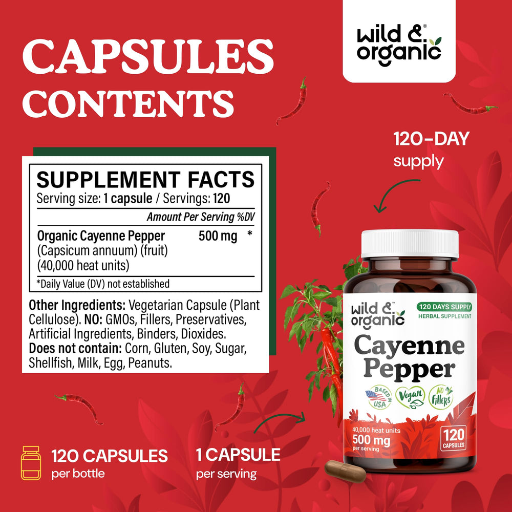 Wild & Organic Cayenne Capsules contents closeup highlighting 500 mg extract and heat.