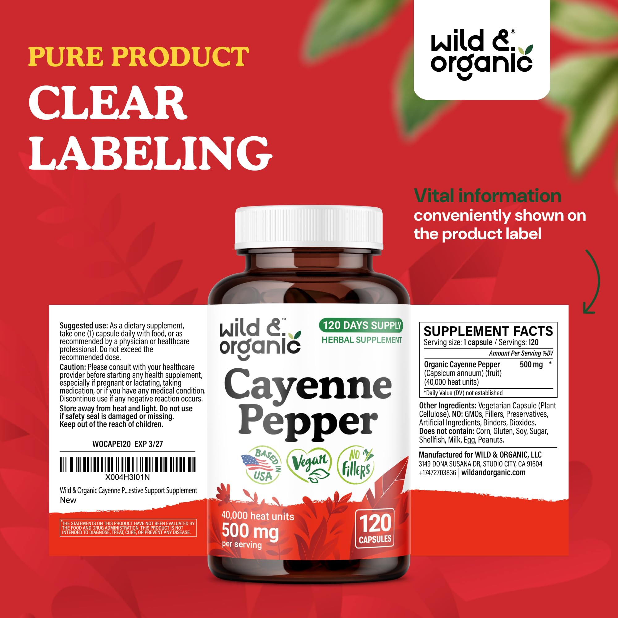 Wild & Organic Cayenne Capsules daily-dose setup encourages consistent use.