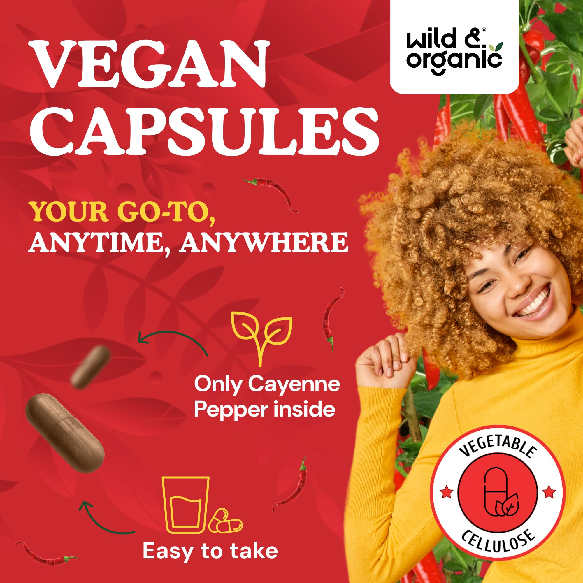 Wild & Organic Cayenne Capsules label closeup emphasizes vegan and GMO-free formula.