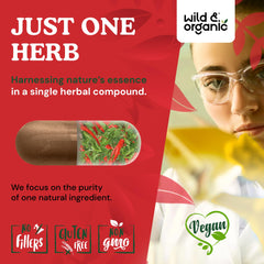 Wild & Organic Cayenne Capsules plant-based coating visible, underscoring veggie capsule design.