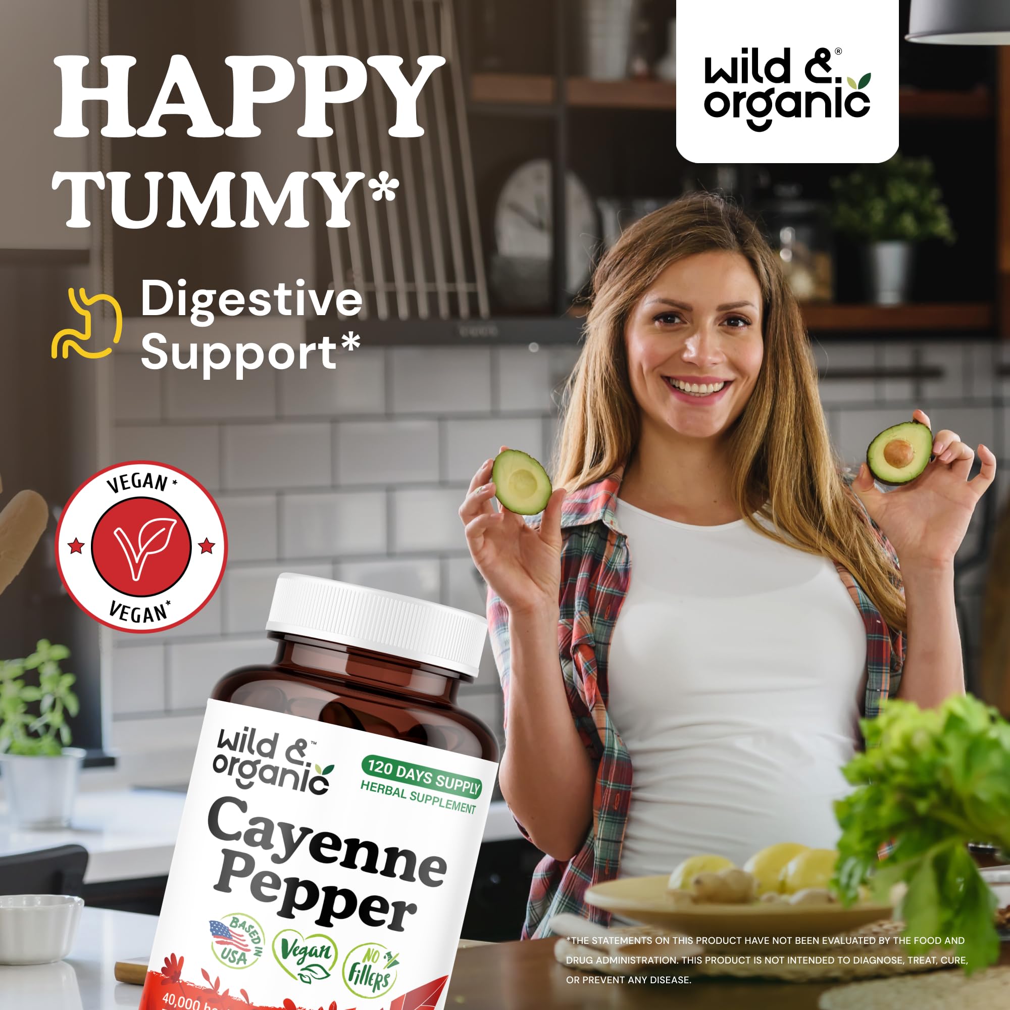 Wild & Organic Cayenne Capsules pour shot showing capsule flow for daily wellness.