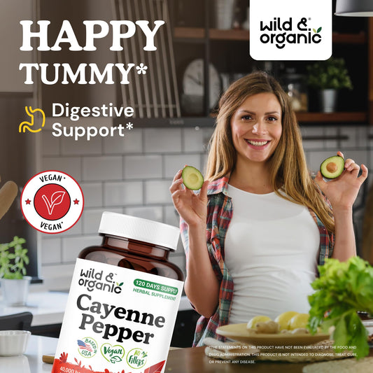 Wild & Organic Cayenne Capsules pour shot showing capsule flow for daily wellness.