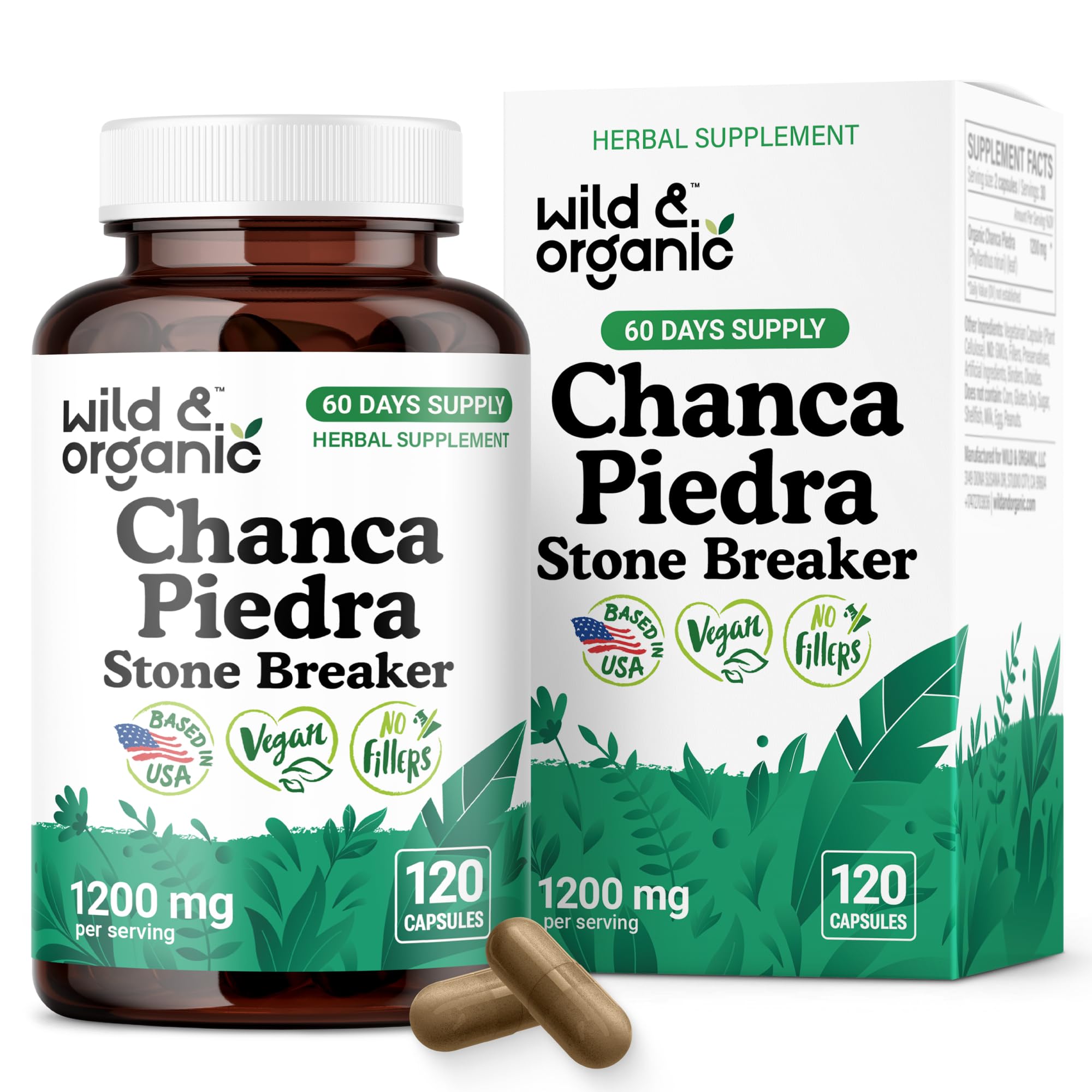 Wild & Organic chanca piedra capsules 1200 mg for kidney and gallbladder support.