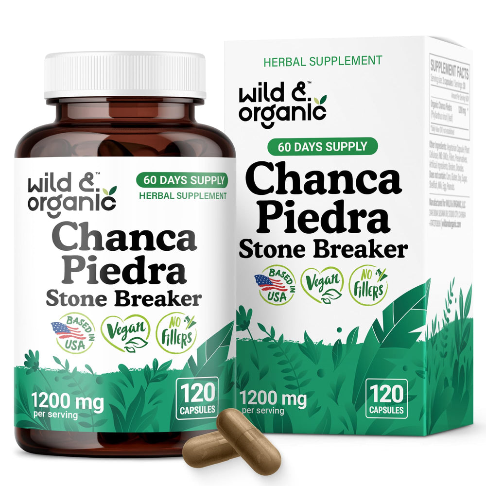 Wild & Organic chanca piedra capsules 1200 mg for kidney and gallbladder support.