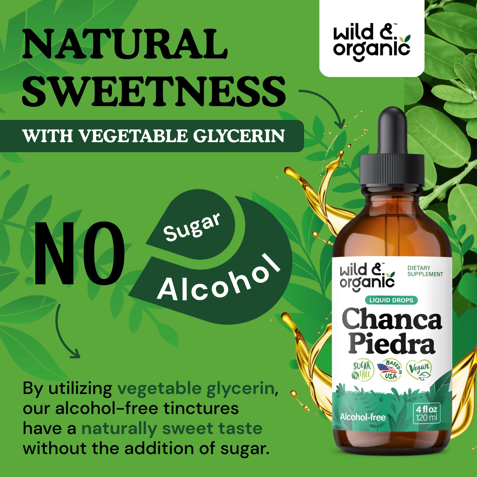 Amber glass Wild & Organic Chanca Piedra Drops bottle protecting potency.
