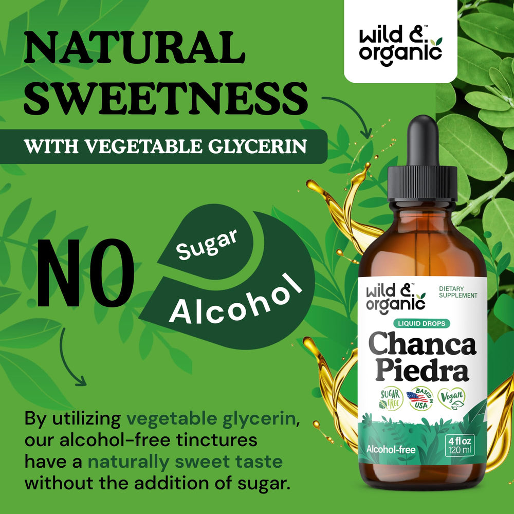 Amber glass Wild & Organic Chanca Piedra Drops bottle protecting potency.