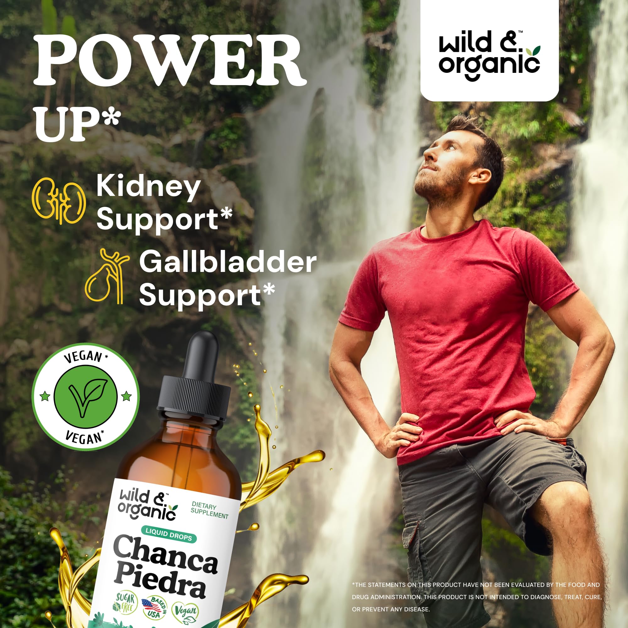 Label closeup of Wild & Organic Chanca Piedra Drops showing vegan, GMO-free formula.