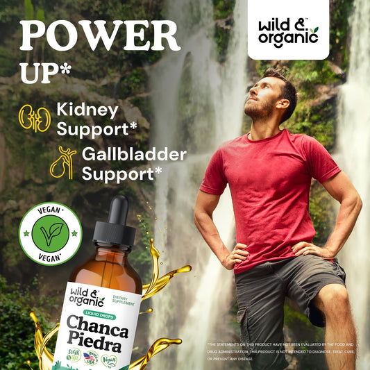 Label closeup of Wild & Organic Chanca Piedra Drops showing vegan, GMO-free formula.