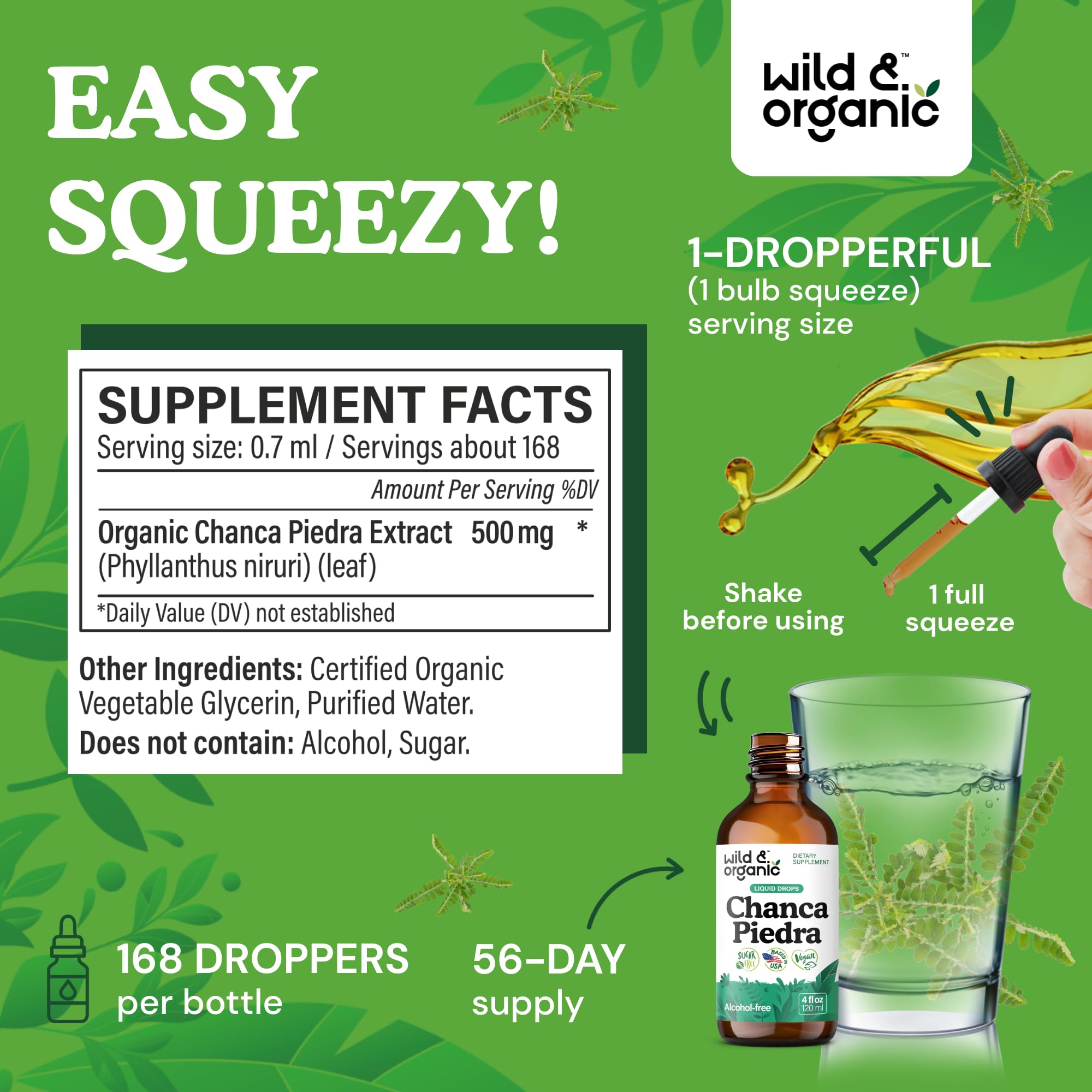 Pour of Wild & Organic Chanca Piedra Drops illustrating tincture use.