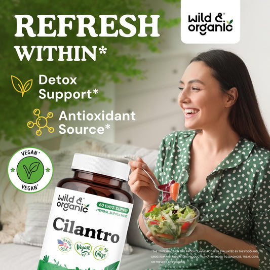 Wild & Organic cilantro capsules pour showing easy daily use.