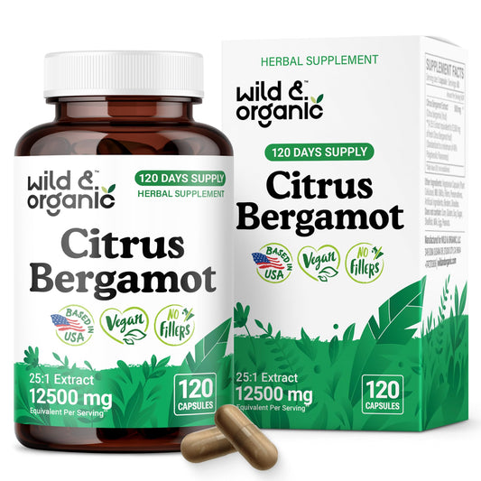Wild & Organic Citrus Bergamot capsules bottle front showing convenient daily use