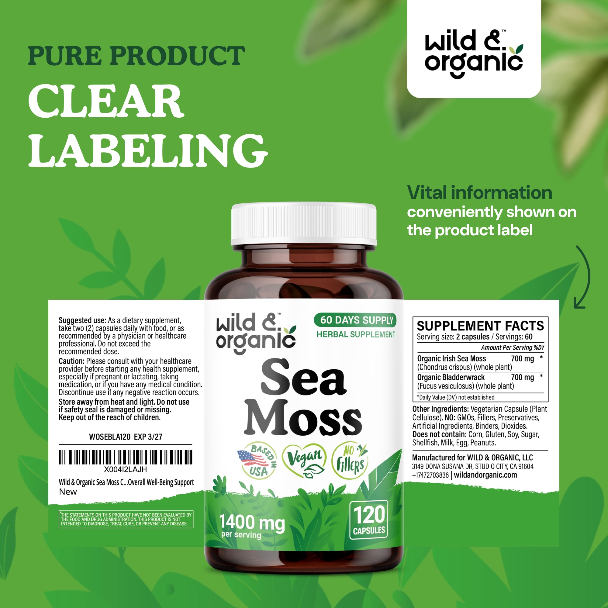 Two-capsule daily serving of Wild & Organic sea moss