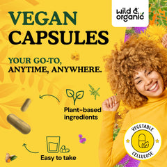 Wild and Organic Dandelion Root herbal blend close-up emphasizes plant-based support.