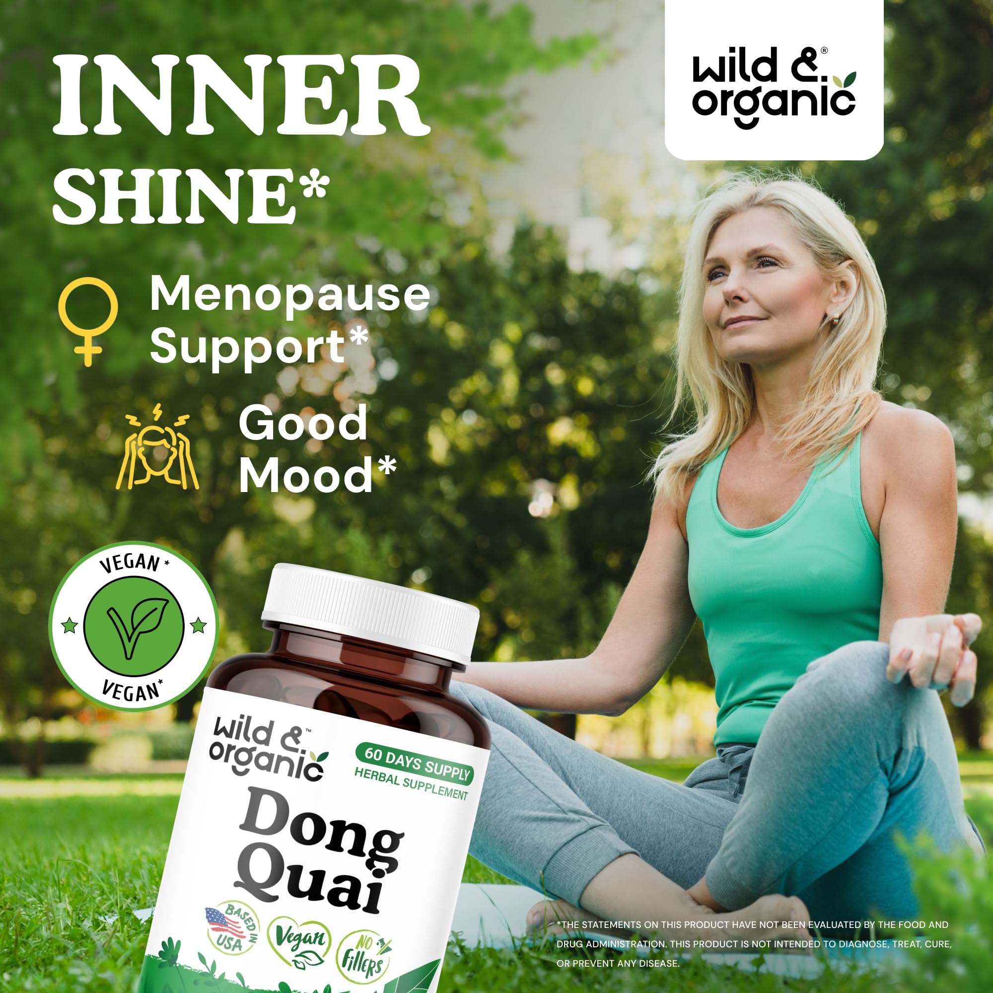Wild & Organic dong quai capsules bottle back, gluten-free formula for sensitive diets.