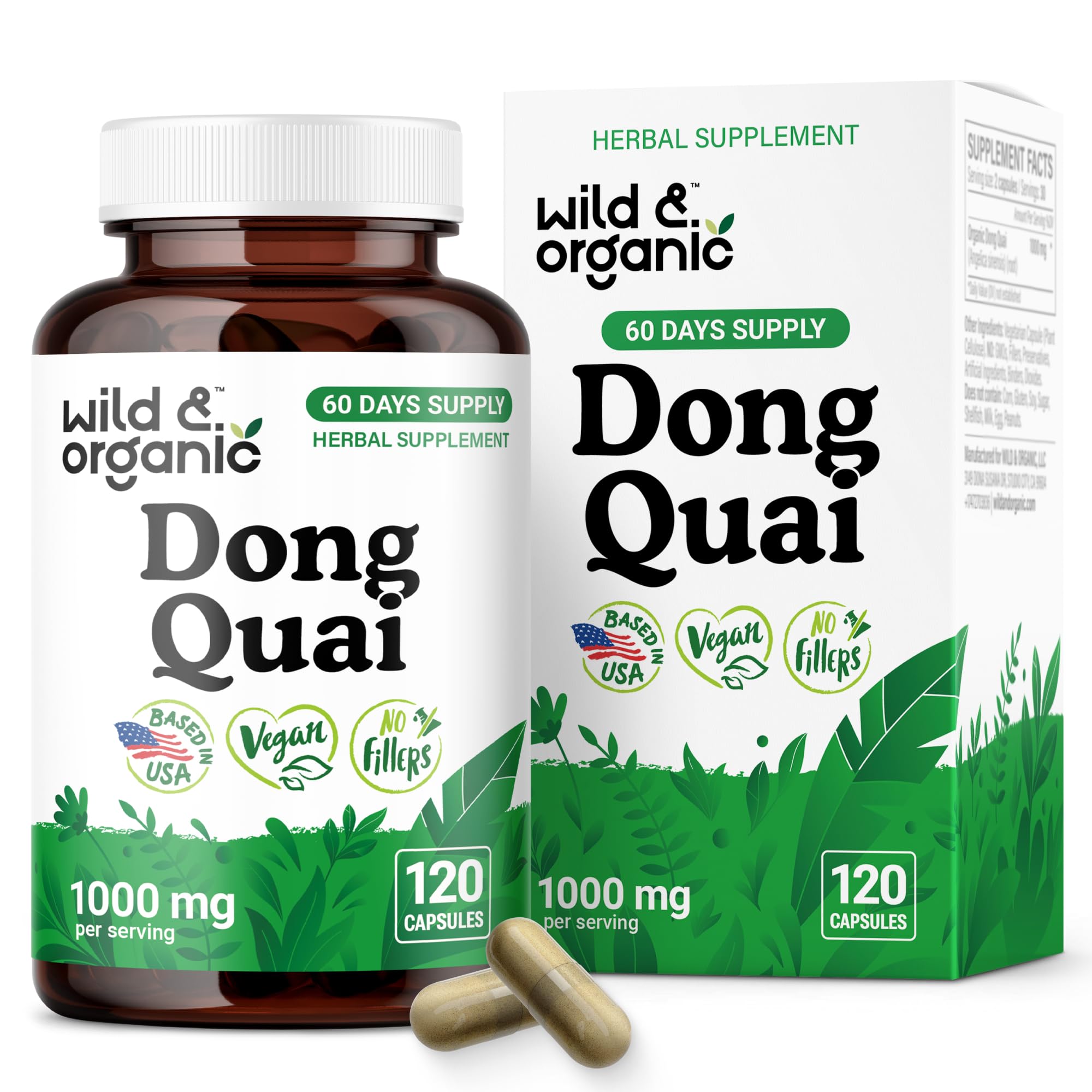 Wild & Organic dong quai capsules bottle front, daily wellness option.