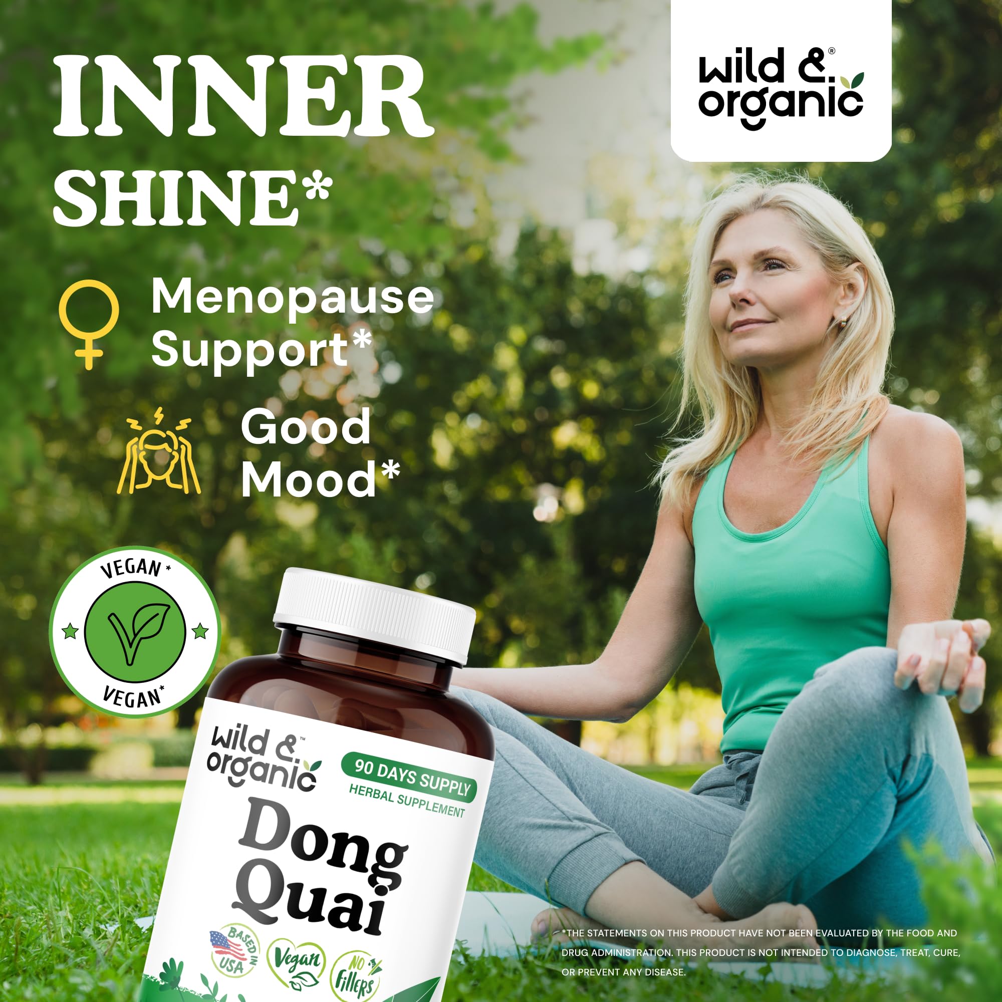 Wild & Organic Dong Quai capsules close-up, highlighting easy-to-swallow design.