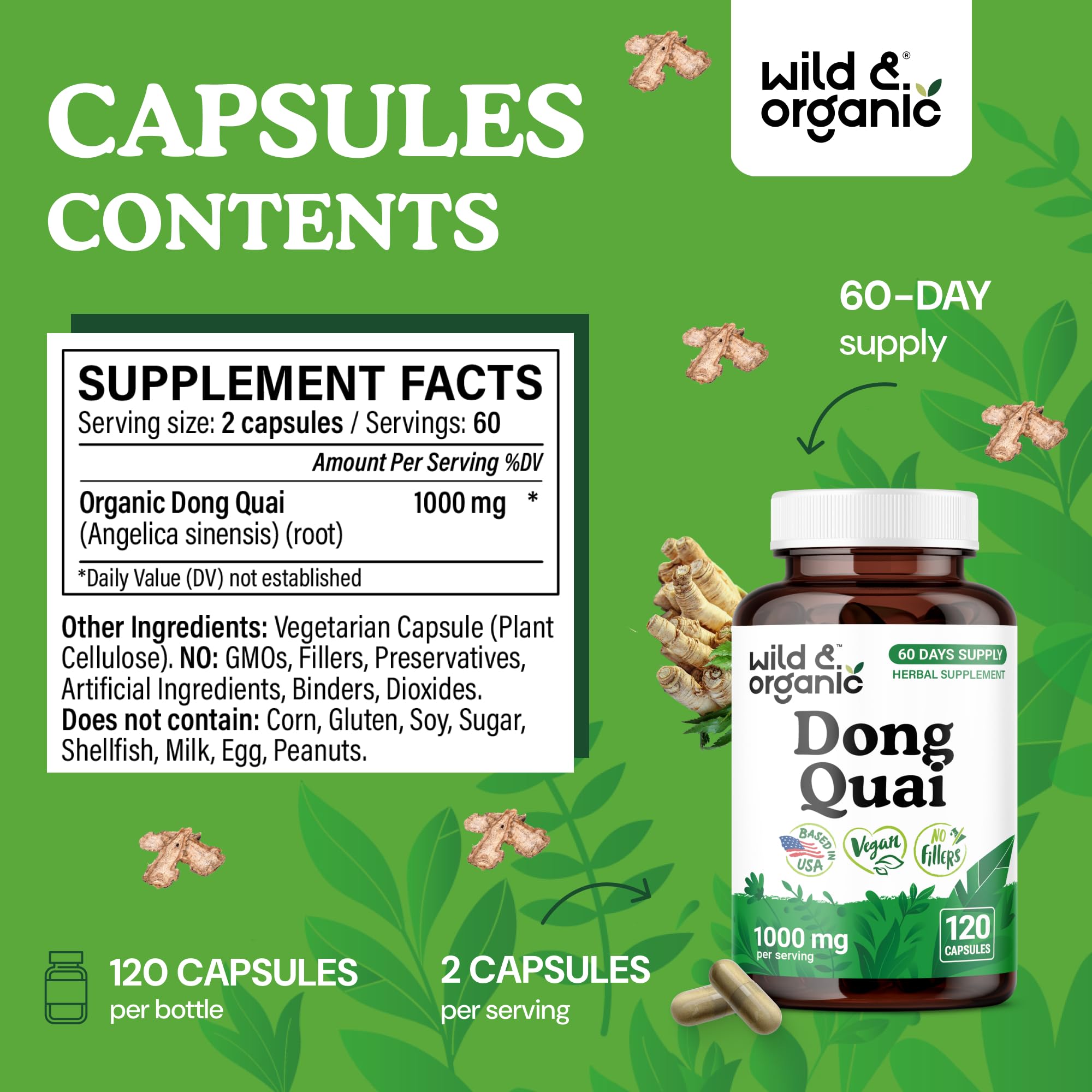 Wild & Organic dong quai capsules closeup, plant-based non-GMO ingredients.