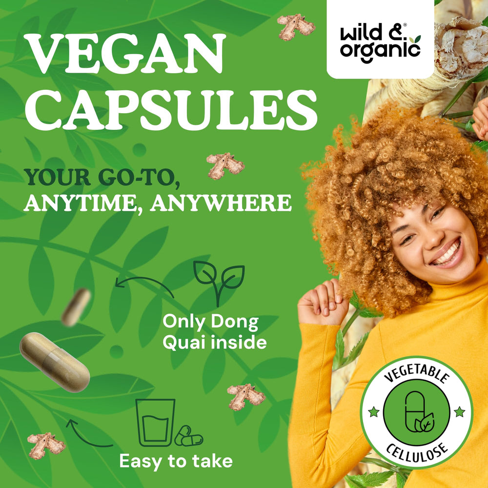 Wild & Organic Dong Quai vegan formulation with plant-based coating.