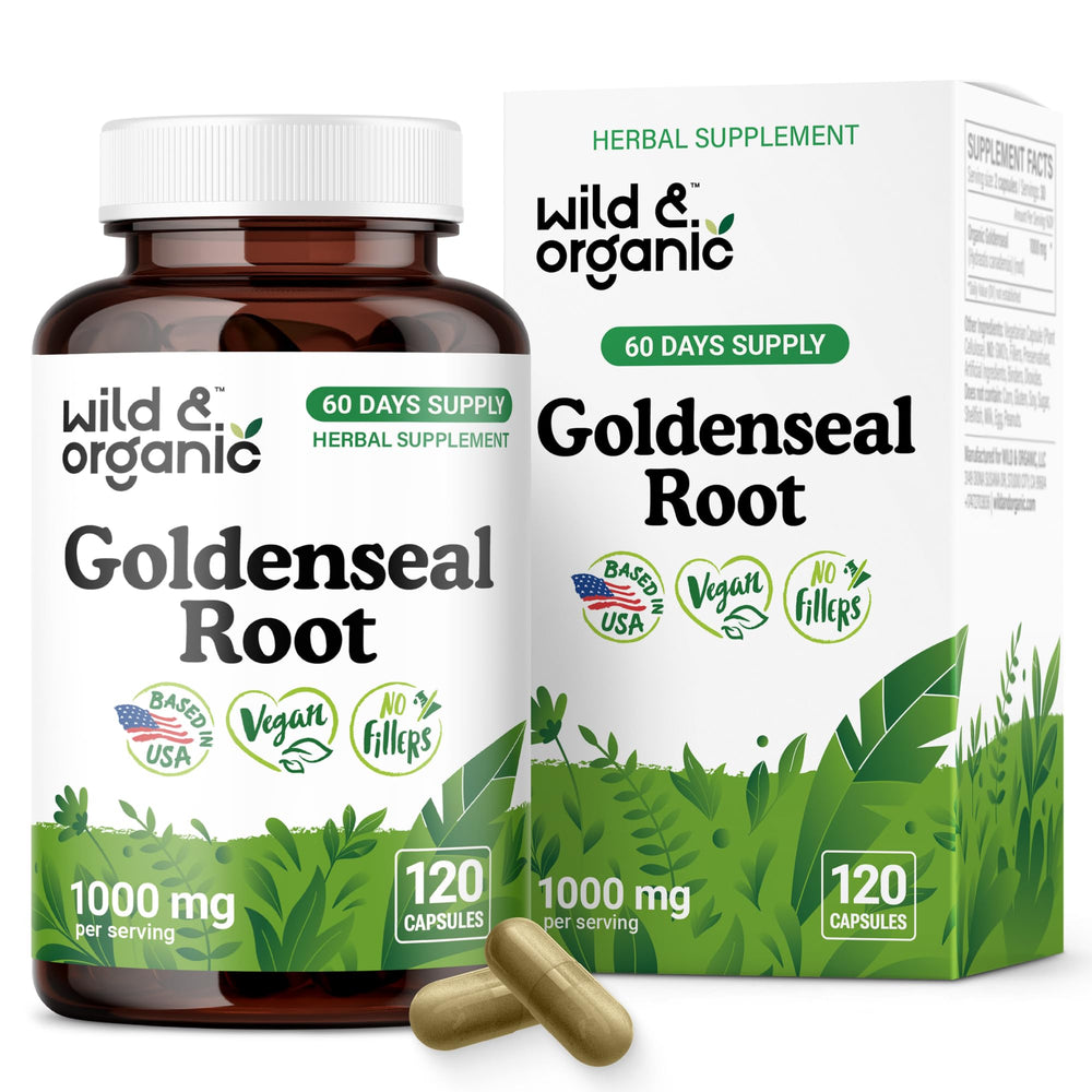 Wild & Organic Goldenseal capsules bottle showing 120 capsules for a two-month supply.