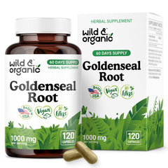 Wild & Organic Goldenseal capsules bottle showing 120 capsules for a two-month supply.